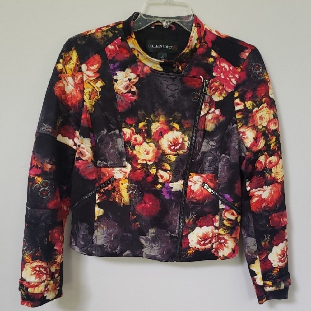 Colleen Lopez Jacket Women's M Moto Dark Floral Black Red Yellow Asymmetric Zip